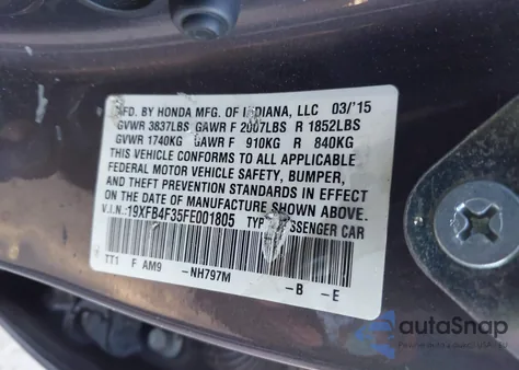 2015 Honda Civic Hybrid z USA, uszkodzony, nr VIN 19XFB4F35FE001805